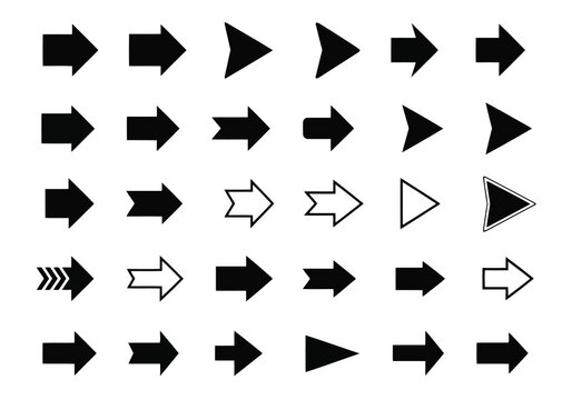 Vector art of many different arrow icons are pointing right isolated on white background