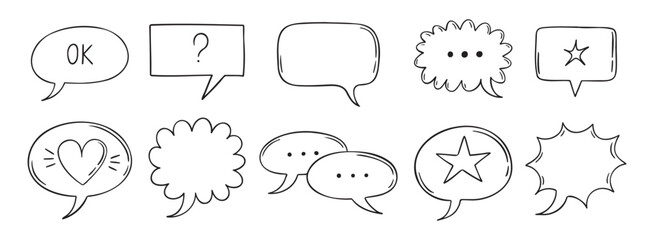 Outline comic speech bubbles set. Dialogue, doodle chat communication, discussion element. Message frame symbol drawing