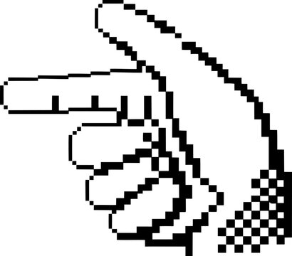Retro pixel art hand pointing left digital cursor symbol, vintage monochrome computer illustration, 8 bit icon concept