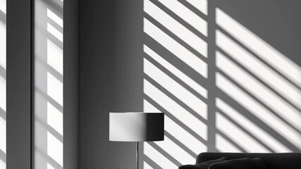 Poster - Modern living room with contrasting shadows from windows, showcasing minimalist design and decor