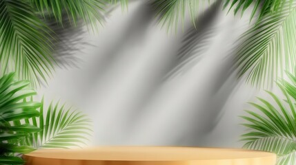 Poster - Tropical Product Showcase with a Minimalist Podium Stage Surrounded by Lush Palm Leaf Shadows