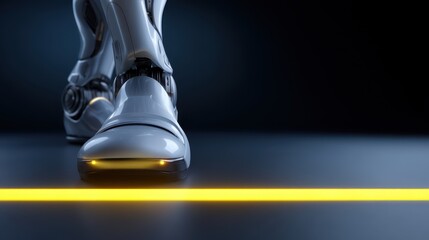 Poster - Ethical Boundaries of Technology Concepts. A futuristic robotic foot halts before a glowing yellow line on a dark surface, symbolizing ethical boundaries that restrict technological advancement.