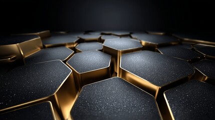 Poster - Elegant 3D Background with Black Hexagons and Shimmering Gold Edges for a Modern and Stylish Look