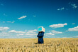 © VISTA by Westend61 - Businesswoman with retro monitor head stands in wheat field under blue sky