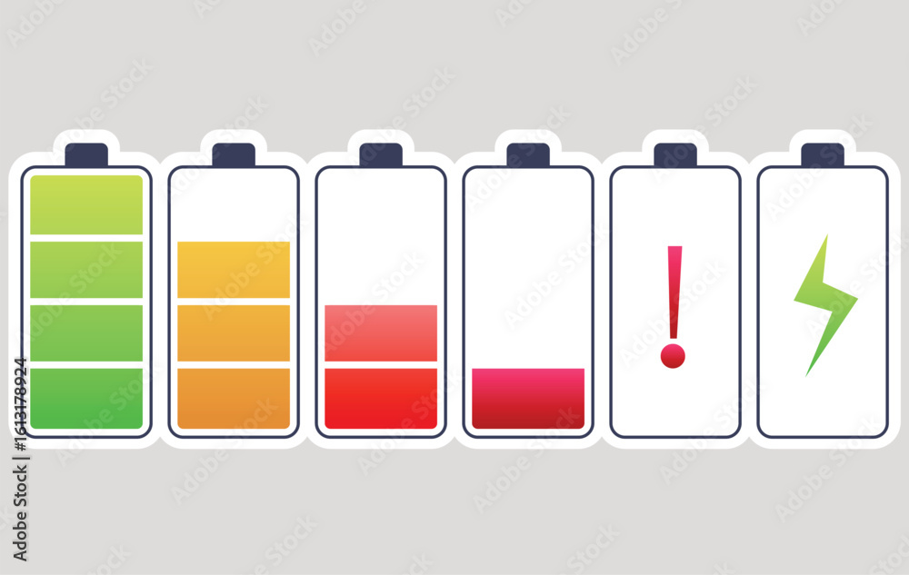Six battery icons showing different charge levels, from full green to ...