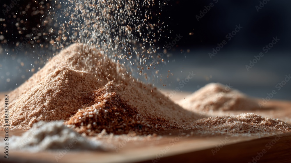 Powder explosion in motion caught midair with soft lighting for baking ...
