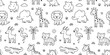 © Jolly J - African animals doodle icon seamless pattern. Cute hand drawn sketch illustrations of giraffe, lion, elephant, zebra, flamingo, crocodile. Black and white cartoon art for safari wildlife.