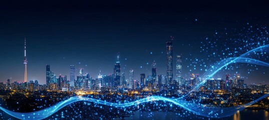 Poster - Futuristic Smart City Landscape with Big Data Technology and Digital Connectivity at Night Time