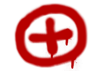 Poster - Red Spray Paint Plus Sign Graffiti on Transparent Background - Addition Symbol with Dripping Paint Effect for Urban Art and Design Projects, Vector Illustration