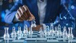 © Edge - 'Businessman in suit strategically moving a white king chess piece on a digital chessboard, with background graphs and data visualizations, symbolizing financial strategy, business decision-making,
