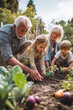 © Vitali - A multi-generational family is working together in a sunny garden, planting seeds and tending to vegetables, highlighting the passing down of traditions and shared responsibility.