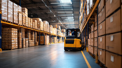 Poster - Industrial Warehouse Scene with Forklift and Stacked Cardboard Boxes in Modern Storage Facility