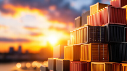 Poster - Stack of Colorful Shipping Containers at Sunset with a Beautiful Skyline in the Background Suggesting Global Trade and Freight Transportation
