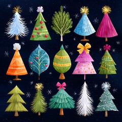 Poster - Collection of Whimsical Christmas Trees with Festive Colors and Patterns on Dark Blue Background