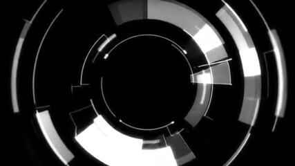 Poster - Abstract black and white image featuring concentric circles and segmented shapes, creating a futuristic and technological visual effect.