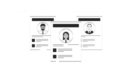 Poster - Job resume paper sheets with diverse candidates profiles outline 2D object doodle animation. Employee CVs. HR screening pages animated item isolated on white. Monochrome linear drawing 4K video