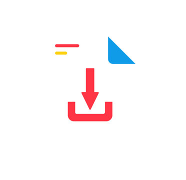 Modern Flat Icon: Document Download, Red Arrow, Blue Corner, White Background
