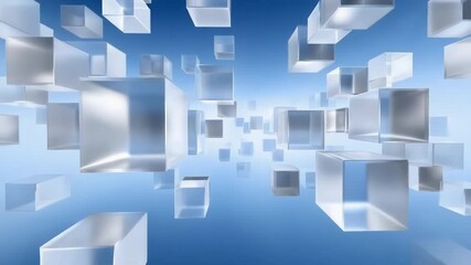 Poster - A blue sky with many cubes floating in it. The cubes are all different sizes and are scattered throughout the sky. The image gives off a feeling of a futuristic or sci-fi world