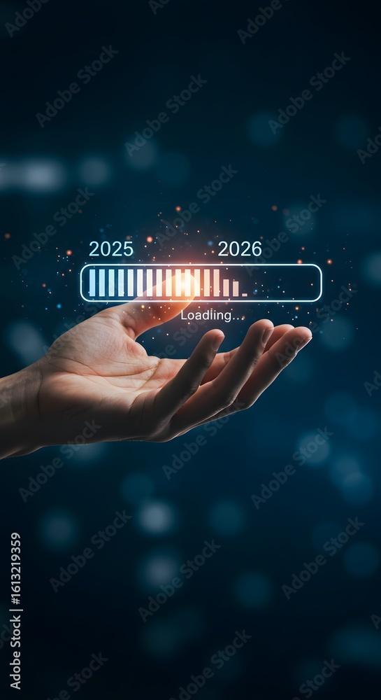 A person pointing to loading bar transitioning from 2025 to 2026 ...