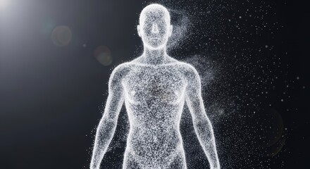 Poster - digital man figure made of glowing particles dissolving into data. abstract visualization of human b