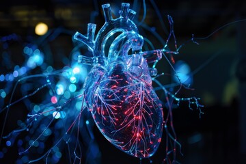 Poster - Glass anatomical heart with veins and arteries illuminated with red and blue lights in a dark background