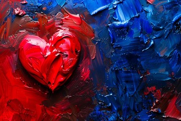 Poster - Oil painting depicting a vibrant red heart symbolizing love and passion on a textured, colorful canvas