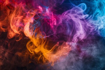 Poster - Colorful smoke art mixing blue, purple, orange and pink on a dark background, creating abstract shapes