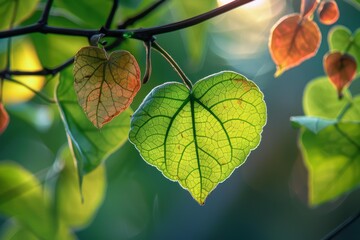 Poster - Bright green leaf hanging from branch with backlight creating beautiful veins pattern
