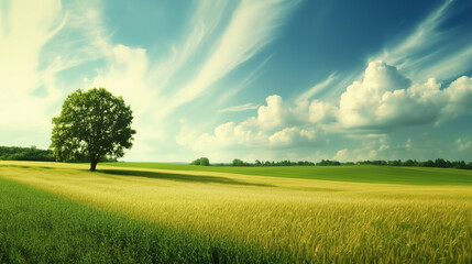 Wall Mural - green field and blue sky. field and clouds