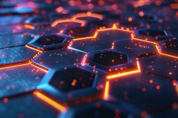 Poster - Hexagonal surface glowing with neon lights creating a futuristic technological background