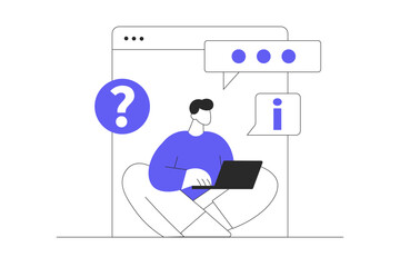 Poster - Contact us. Man chatting online with operator of support center, getting advice and information, finding solutions for his questions in info. Flat Cartoon Vector Illustration, icon. Stylish abstract 