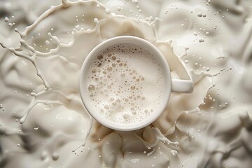 Poster - White ceramic mug filled with milk surrounded by milk splashing, creating bubbles and ripples, seen from above