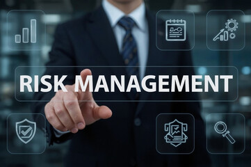 Fototapete - Risk management concept. Businessman use laptop with Risk analysis in business decisions. Risk control and management strategies for risky businesses.