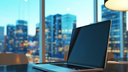 Poster - A sleek laptop sits on a modern desk, overlooking a vibrant city skyline at dusk, showcasing urban life