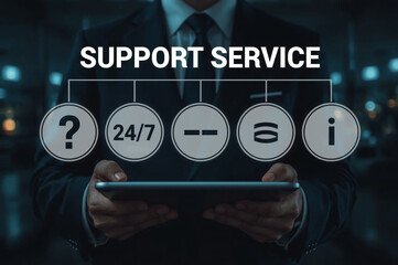 Fototapete - 24-7 customer service support concept, customer help center. Businessman using tablet with support service icons on virtual screen.