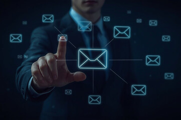 Poster - Email automation, email marketing concept, gathering customer insights via email to enhance customer engagement, retention and loyalty. Businessman using smartphone with email icon on virtual screen.