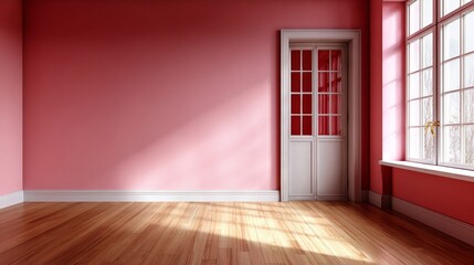Poster - Bright and Airy Interior Scene Featuring Sunlit Space with Pink Walls and Natural Light Windows