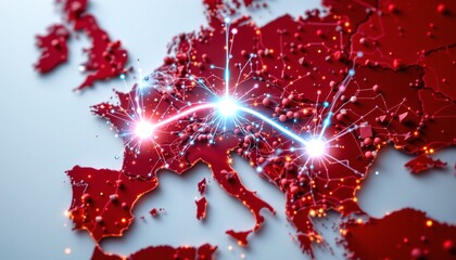 Poster - A digital illustration of a red Europe map with interconnected networks