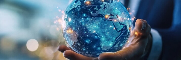 Poster - Conceptual Illustration of a Human Figure Holding a Digital Globe Representing Global Connectivity