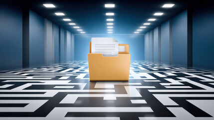 Poster - Medical record folder with document inside standing on maze pattern floor in illuminated corridor symbolizing complex data management