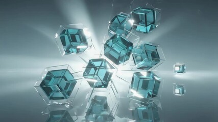 Poster - Light turquoise glass cubes are floating and connecting with each other in a digital space with reflections on a glossy surface, creating a futuristic and technological atmosphere