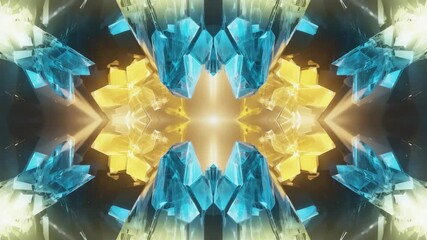 Poster - Symmetrical geometric design featuring glowing blue crystals and a bright yellow light source, creating a visually appealing kaleidoscopic pattern against a dark backdrop