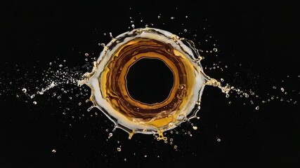 Poster - Golden liquid splashing against a black background, forming a striking circle with droplets radiating outward, ideal for showcasing luxurious beverages or cosmetics
