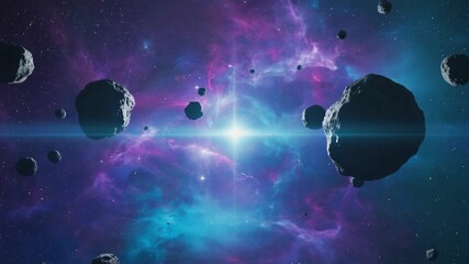 Wall Mural - asteroids hurtling through the vastness of space, racing towards a brilliant light source, all set a