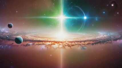 Wall Mural - planets orbiting a vibrant galaxy radiate bright lights of green, blue, and orange from the center, 
