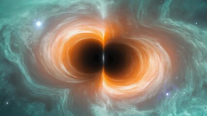 Wall Mural - binary black hole system generating powerful gravitational waves within a vibrant teal and orange ne