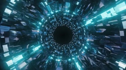 Poster - Futuristic tunnel rotating with glowing neon lights and reflections creating a mesmerizing visual effect, perfect for technology, gaming, or sci-fi projects