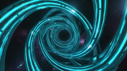 Poster - Turquoise glowing wormhole tunnel rotating in dark space, surrounded by shimmering stars and vibrant nebulae, creates a mesmerizing cosmic vortex full of energy and mystery