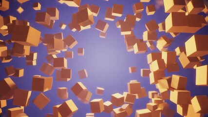 Poster - Many orange cubes are floating on a purple background, creating an empty space in the center, suggesting a dynamic and abstract composition