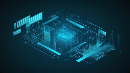 Poster - Complex digital interface featuring a central holographic cube, interconnected charts, graphs, and information panels within a futuristic technological environment